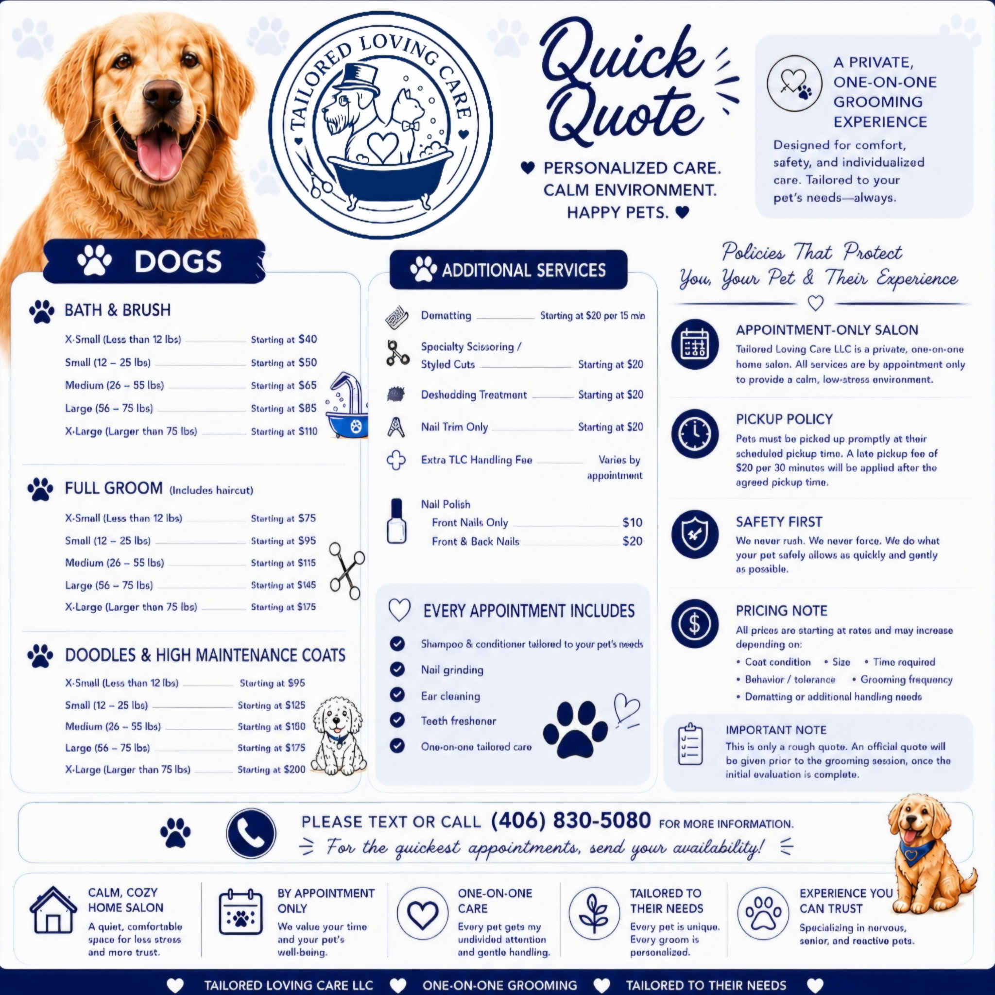 Tailored Loving Care dog grooming starting price menu